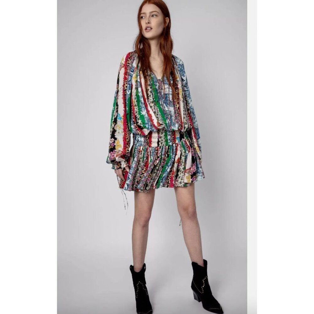 Zadig & Voltaire Rocade Paris dress‎ animal floral mixed print silk XS $898 Rare